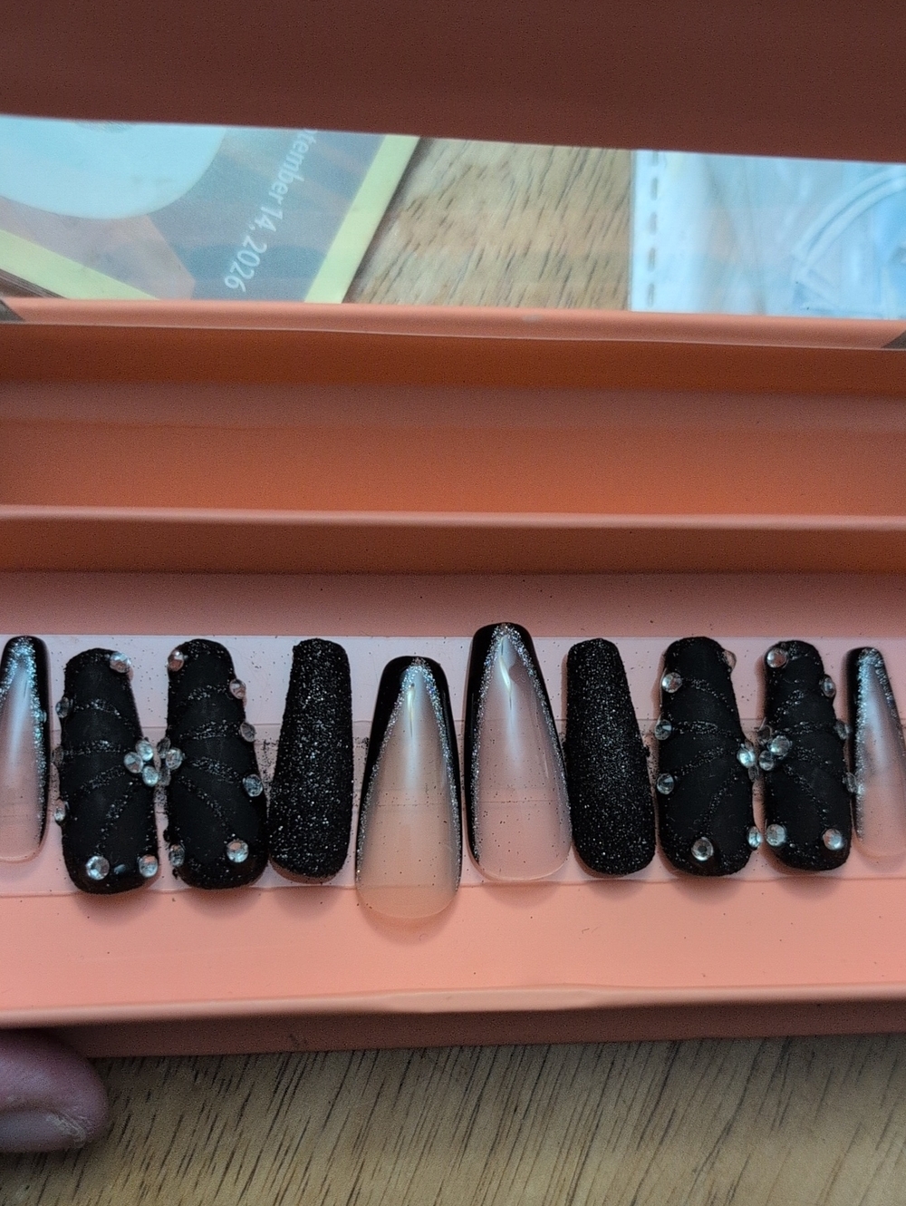Black & Nude Rhinestone Press-On Nails - Glam Stiletto Set